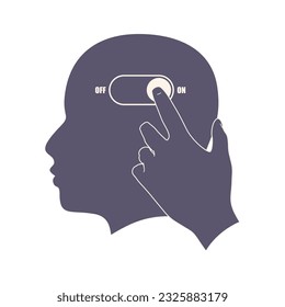 Toggle switch button to turn on brain activity. Active mental, intellectual and thinking. Silhouette of head. Artificial intelligence and machine learning concept. Hand push button