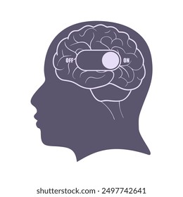 Toggle switch button to turn on brain activity. Active mental, intellectual and thinking. Silhouette of head. Artificial intelligence and machine learning concept.