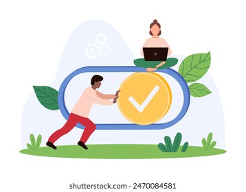 Toggle switch button, UI element for software or mobile app control. Tiny people turn slider with check mark forward to active position on digital navigation panel cartoon vector illustration