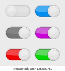 Toggle switch buttons. Colored On and Off web icons. Vector 3d illustration