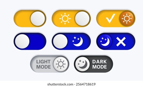 Toggle Switch Buttons for Day and Night Mode. Dark and Light, On and Off Mode Material Design Set. Vector Illustrations