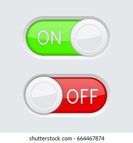 Toggle switch buttons. Green and red ON and OFF symbols. Vector 3d illustration