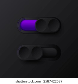 Toggle switch buttons icon on dark mode. Violet on and dark off switch interface button set with shadow. Template design for web, ui, ux, mobile app. 3d vector illustration