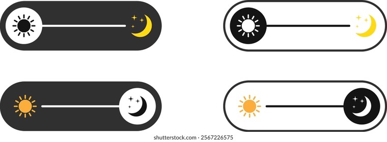 Toggle switch buttons for on off light-dark mode and day-night mode designed for mobile apps and web interfaces.