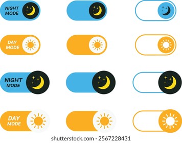 Toggle switch buttons for on off light dark mode and day night mode suitable for mobile apps and web interfaces.