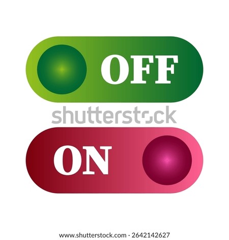 Toggle switch buttons. On Off Vector interface. Control power symbol. Status indicator graphic.