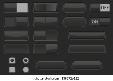 Toggle switch buttons and Push buttons. Black elements. Vector 3d illustration