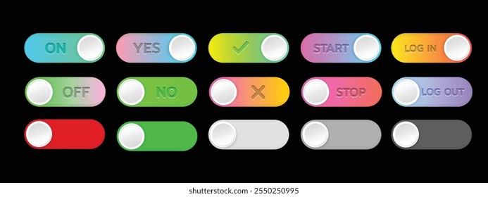 Toggle switch buttons set, light theme, On and Off sliders. Template for app and website. User Interface with vector elements.