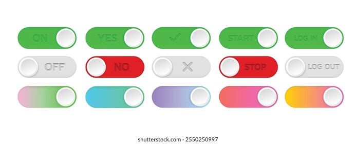 Toggle switch buttons set, light theme, On and Off sliders. Template for app and website. User Interface with vector elements.