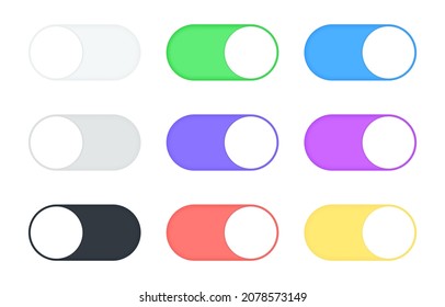 Toggle switch buttons set. On and off. Black, gray, white and colorful switch interface buttons. Template design for concepts, web, ui and ux, mobile app. Vector illustration