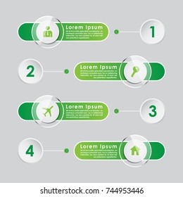 Toggle Switch design infographic template with four steps and plenty of space for text. Vector illustration of a 4 step green energy infographic with icons and shiny buttons.