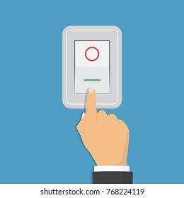 Toggle switch. Electric control concept. Vector graphic design. Isometric icon. Hand turning on the light.