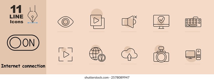 Toggle switch, eye, video, muted speaker, monitor with checkmark, keyboard, play button, globe with warning, cloud upload, camera, desktop. Icons represent multimedia, connectivity, and internet tools