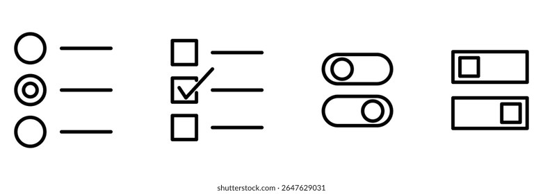 Alterne o conjunto de ícones de alternância com a seleção do botão de opção da caixa de seleção e o controle da interface no design de ilustração vetorial de estilo de linha mínimo.