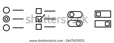 Toggle switch icon set with checkbox radio button selection and interface control in minimal line style vector illustration design.
