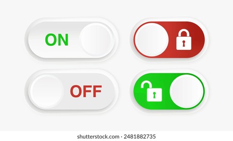 Toggle Switch Icons. 3D On and Off, Lock and Unlock Material Design Button Set. Active and Inactive UI Icons. Stock Vector Illustration.