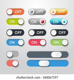 Toggle switch icons. On and Off position and Check Mark Flat web design elements. Template for app and website. Vector illustration 