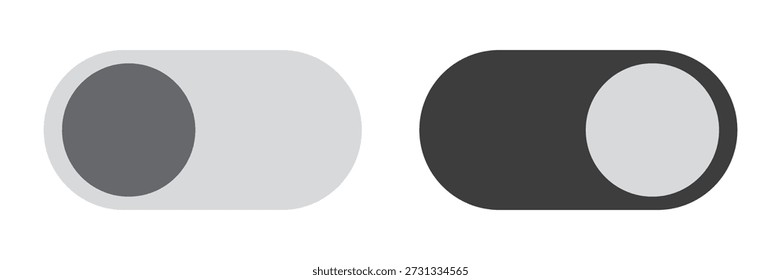 Toggle switch on and off buttons in flat style. Light and dark mode slider controls with circular knob. Minimal vector UI elements for mobile app settings and web interface design.
