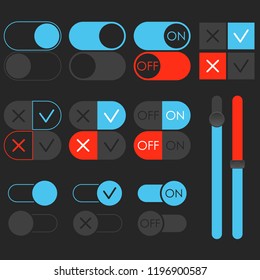 Toggle switch set, dark theme. On and Off blue sliders. Template for app and website. User Interface with vector elements.