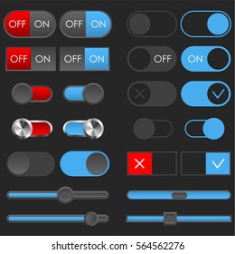 Toggle switch set, dark theme. On and Off sliders. Template for app and website. User Interface with vector elements.