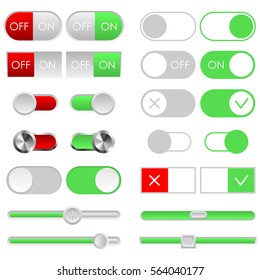 Toggle switch set, light theme. On and Off sliders. Template for app and website. User Interface with vector elements.