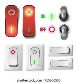 Toggle Switch Set Vector. Plastic And Metal Switches With On, Off Position. Isolated On White Button Illustration.