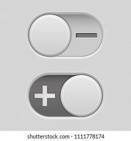 Toggle switch slider buttons with Minus and Plus signs. Vector 3d illustration