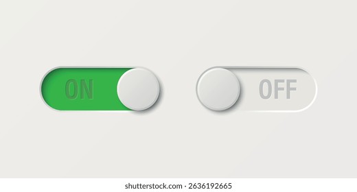 Alternar Conjunto de Vetores do Switch. Ilustração realista do vetor do interruptor de alternância. Botão liga/desliga, interruptor de alternância moderno para interface de usuário, aplicativo, Web, configurações, tecnologia. Elemento de IU, Painel de Controle