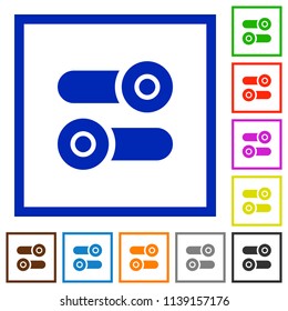 Toggle switches flat color icons in square frames on white background