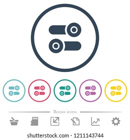 Toggle switches flat color icons in round outlines. 6 bonus icons included.