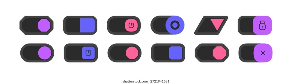 Alternar a coleção de botões e botões. Vetor isolado liga e desliga controles deslizantes, bloquear e cancelar indicadores iluminados. UI ou UX dashboards mockups, jogos e conjunto de interfaces de aplicativos divertidos