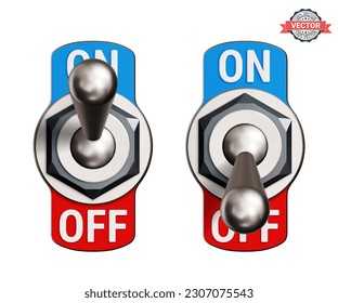 Toggle switches or tumblers turned ON and OFF. Realistic 3D vector illustration isolated on white background