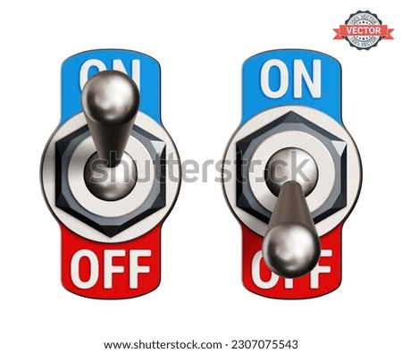 Toggle switches or tumblers turned ON and OFF. Realistic 3D vector illustration isolated on white background