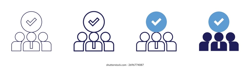 Alterna o ícone de verificação em 4 estilos diferentes. Linha Fina, Linha, Linha Negrito, Duotônico. Estilo duotônico. Traçado editável.