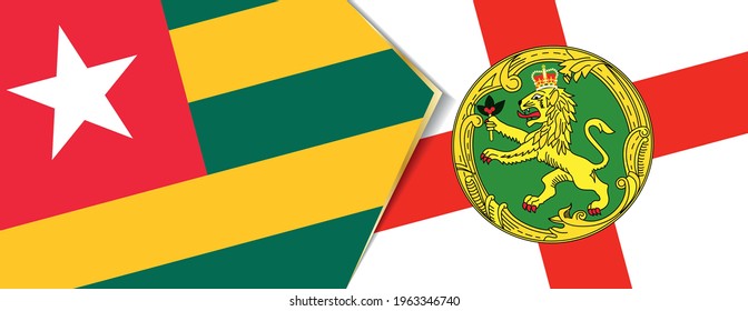 Togo and Alderney flags, two vector flags symbol of relationship or confrontation.