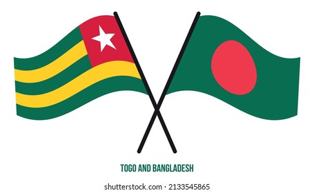 Togo and Bangladesh Flags Crossed And Waving Flat Style. Official Proportion. Correct Colors.