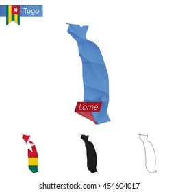 Togo blue Low Poly map with capital Lome, four versions of map. Vector Illustration.