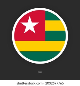 Togo circle flag icon with white border on dark grey background. Togo button flag icon isolated on barely dark background.
