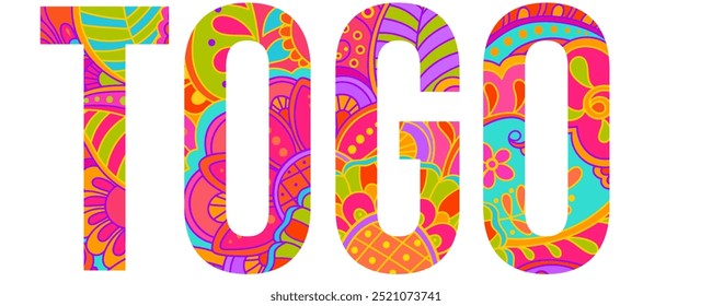 Togo country creative text design filled with colorful doodle pattern	