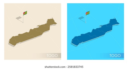 Togo country flag installed on geographic positioning map point of country territory. Togolese commonwealth banner on land and sea. Festive patriotic HD format template for independence day