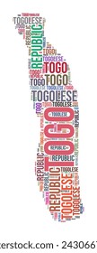 Togo country shape word cloud. Typography style country illustration. Togo image in text cloud style. Vector illustration.