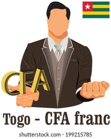 Togo currency symbol CFA Franc representing money and Flag. Vector design concept of businessman in suit with his open hand over with currency isolated on white background in EPS10.