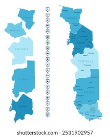 Togo - detailed map of the country in blue colors, divided into regions. Infographic icons. Vector illustration.