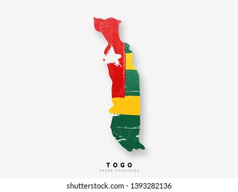 Togo detailed map with flag of country. Painted in watercolor paint colors in the national flag.