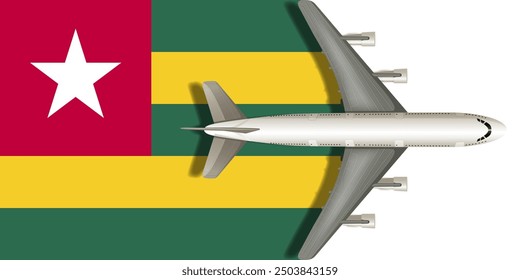 Togo flag with airplane flying over it close up. Vector image.