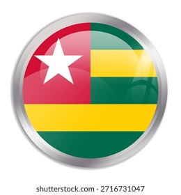 Togo flag - glossy circle button in metal frame displays a colorful flag of a country cultural identity and heritage. The essence of national pride and unity.