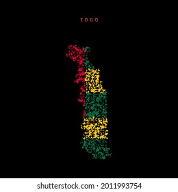 Togo Flaggenplan, chaotische Partikel Muster in den Farben der Flagge der Republik Togo. Vektorgrafik einzeln auf schwarzem Hintergrund.
