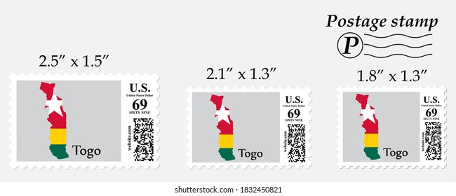 Mapa de la bandera togolesa con sello postal de diferente tamaño.