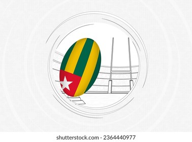 Togo flag on rugby ball, lined circle rugby icon with ball in a crowded stadium. Vector sport emblem on abstract background.