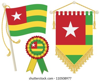 togo flag, rosette and pennant, isolated on white